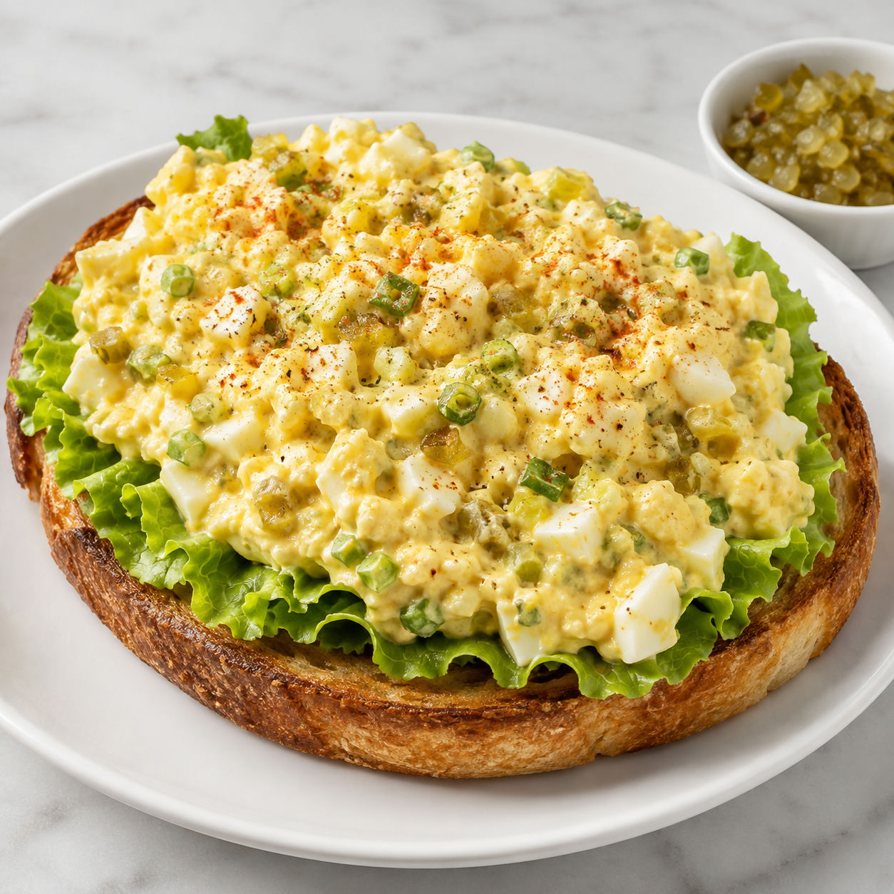 Egg salad with sweet relish on toasted sourdough with paprika and green onion