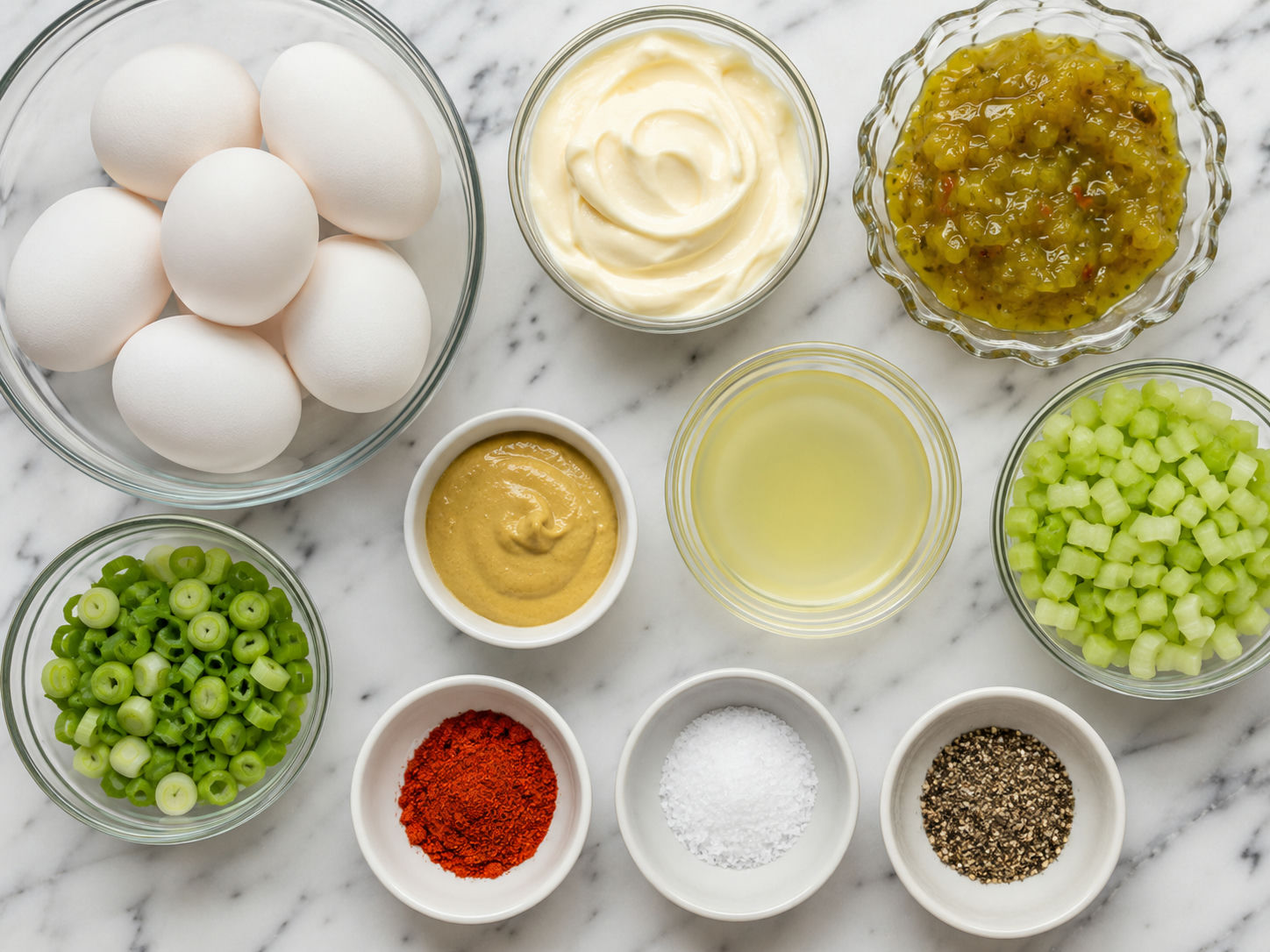 Egg salad ingredients with eggs, sweet relish, celery, green onion, and mayo
