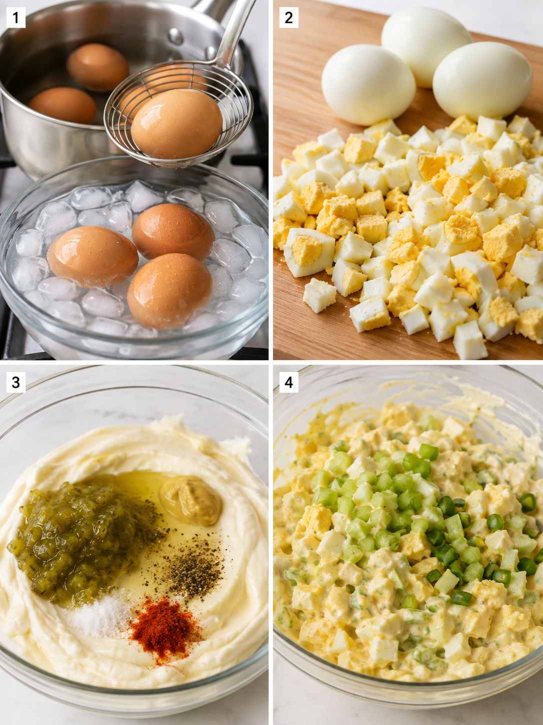 Four steps for making egg salad with sweet relish and chopped eggs