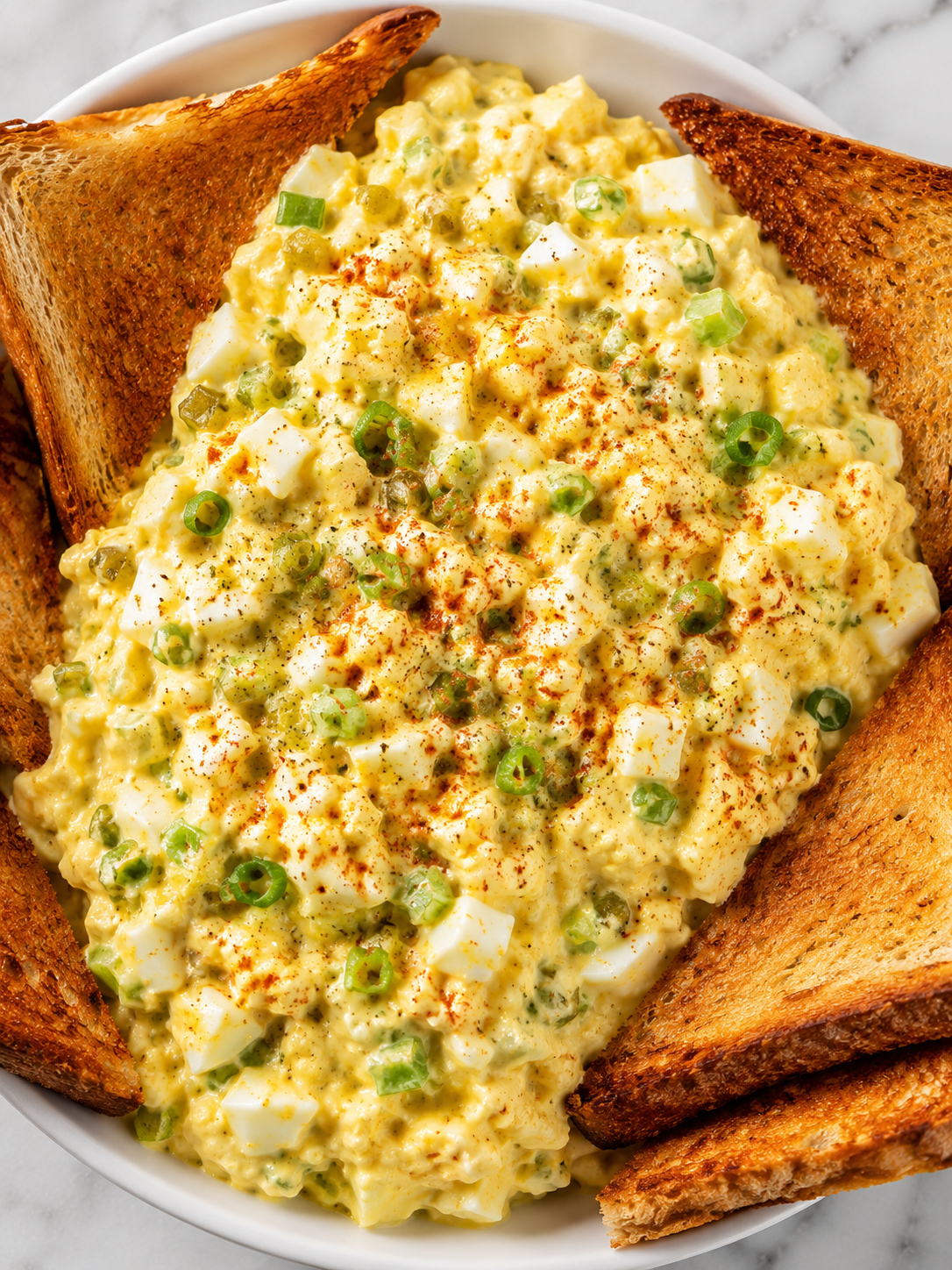 Creamy egg salad with sweet relish in a white bowl with toast triangles