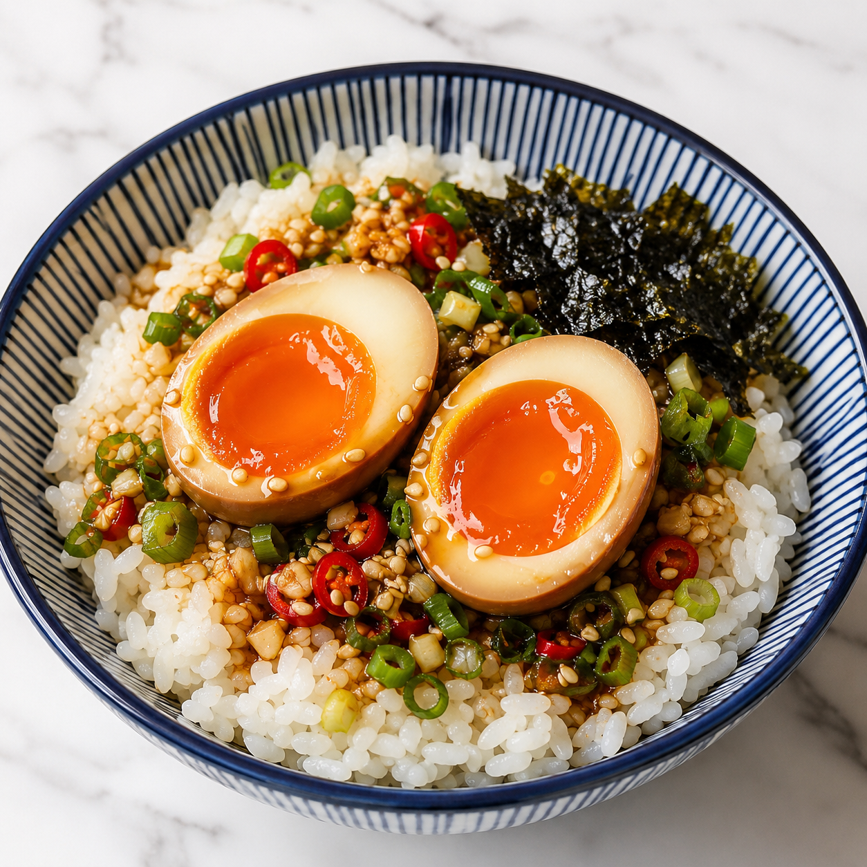 Korean Mayak Eggs over rice with scallions, chilies, sesame, and seaweed