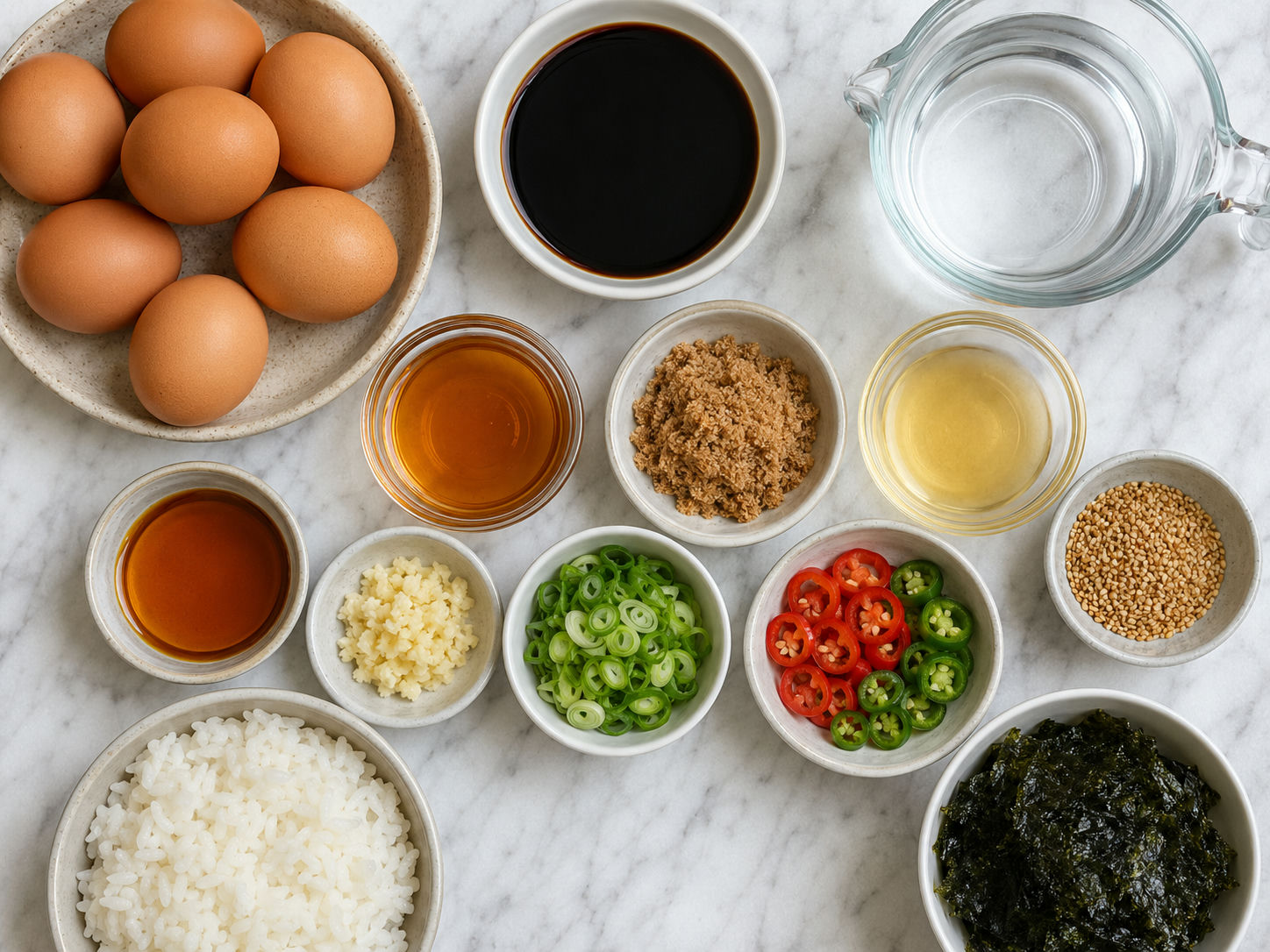 Ingredients for Korean Mayak Eggs with eggs, soy sauce, chilies, scallions, and sesame