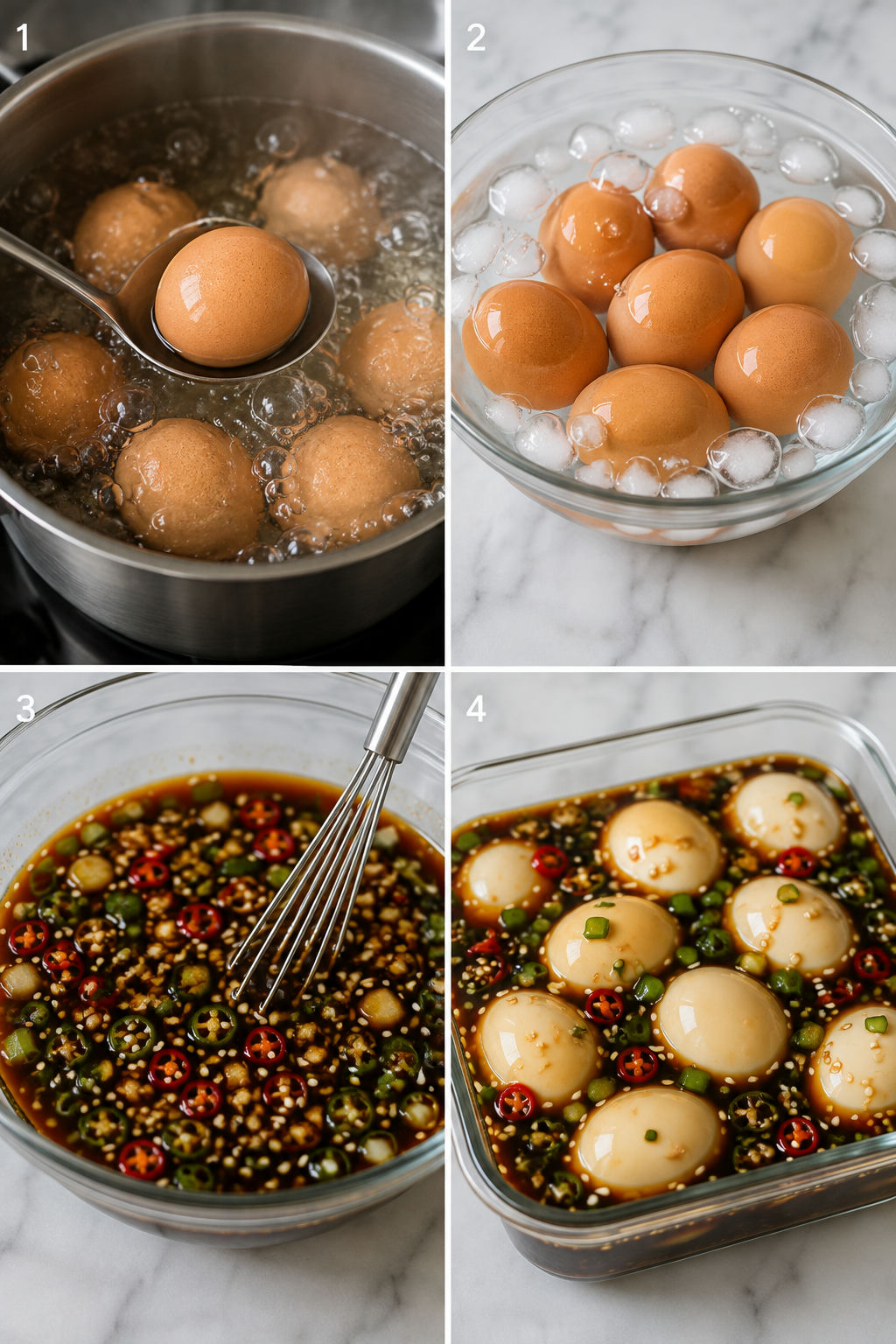 Four cooking steps for Korean Mayak Eggs from boiling to marinating