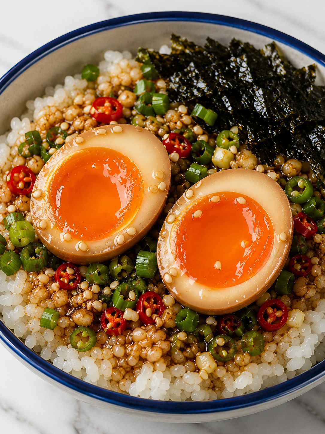 Jammy Korean Mayak Eggs over rice with soy marinade, chilies, and sesame