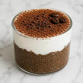 Tiramisu chia pudding with cocoa and chocolate shavings in a glass jar