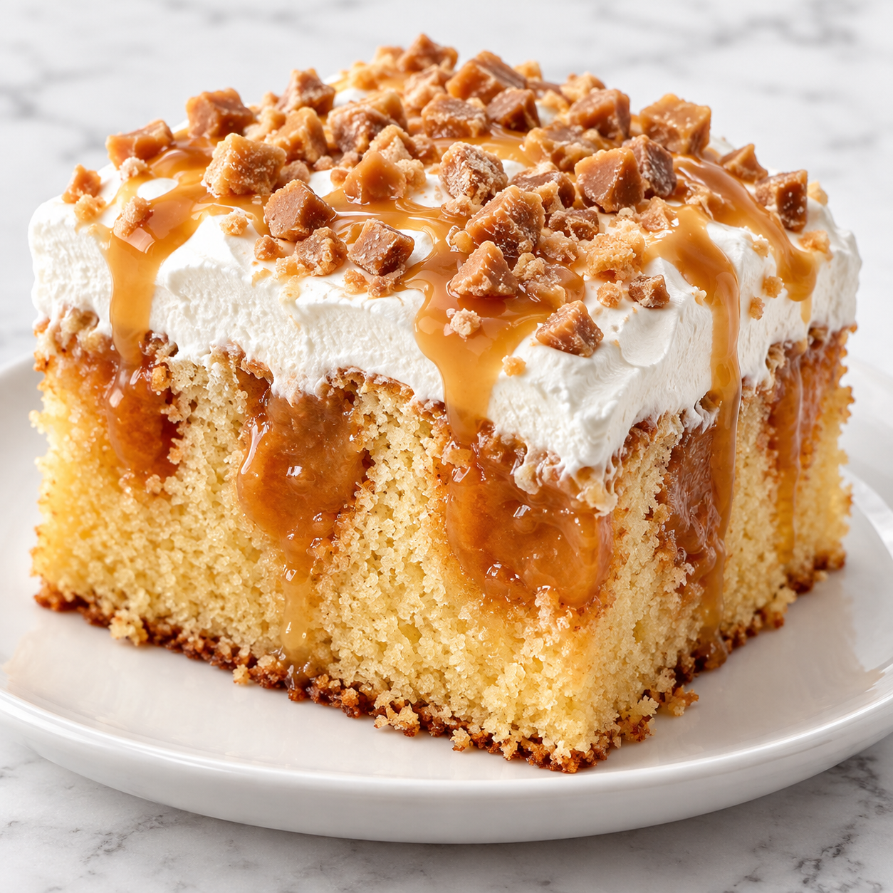 Toffee Butterscotch Poke Cake slice with whipped topping and toffee bits