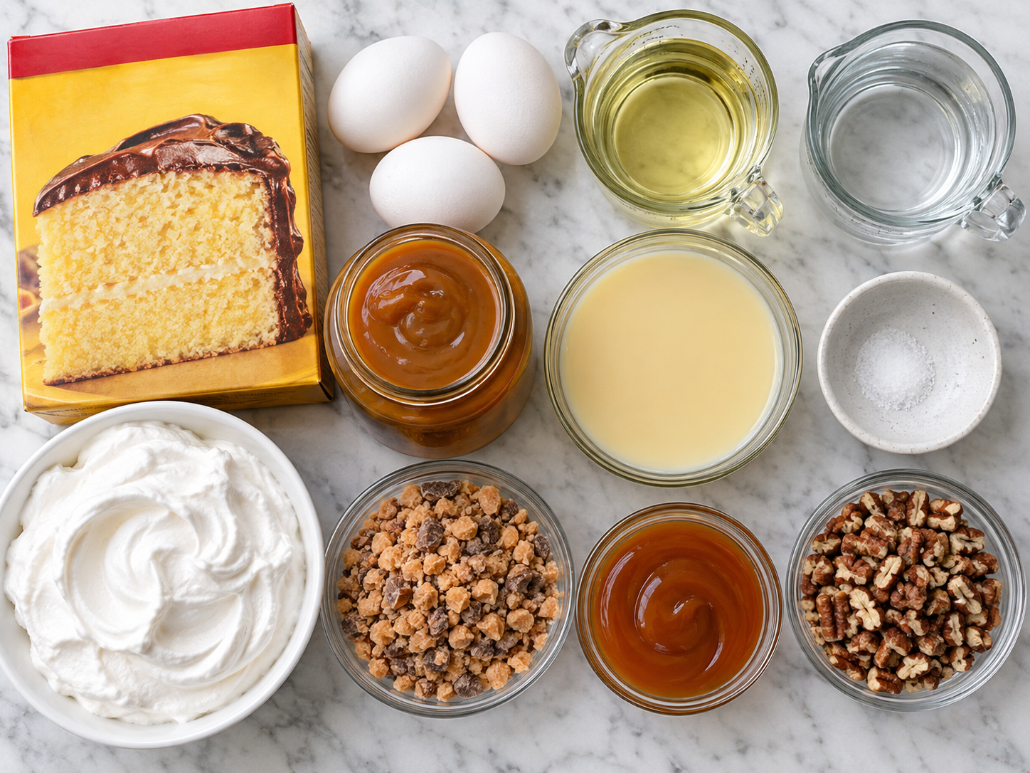 Ingredients for Toffee Butterscotch Poke Cake on a wooden surface