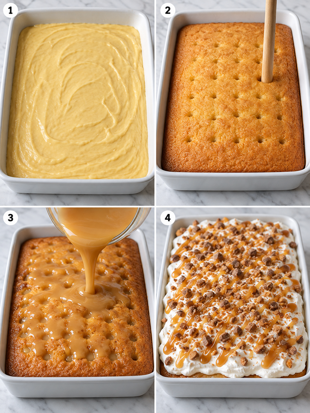 Steps for making Toffee Butterscotch Poke Cake in a baking pan