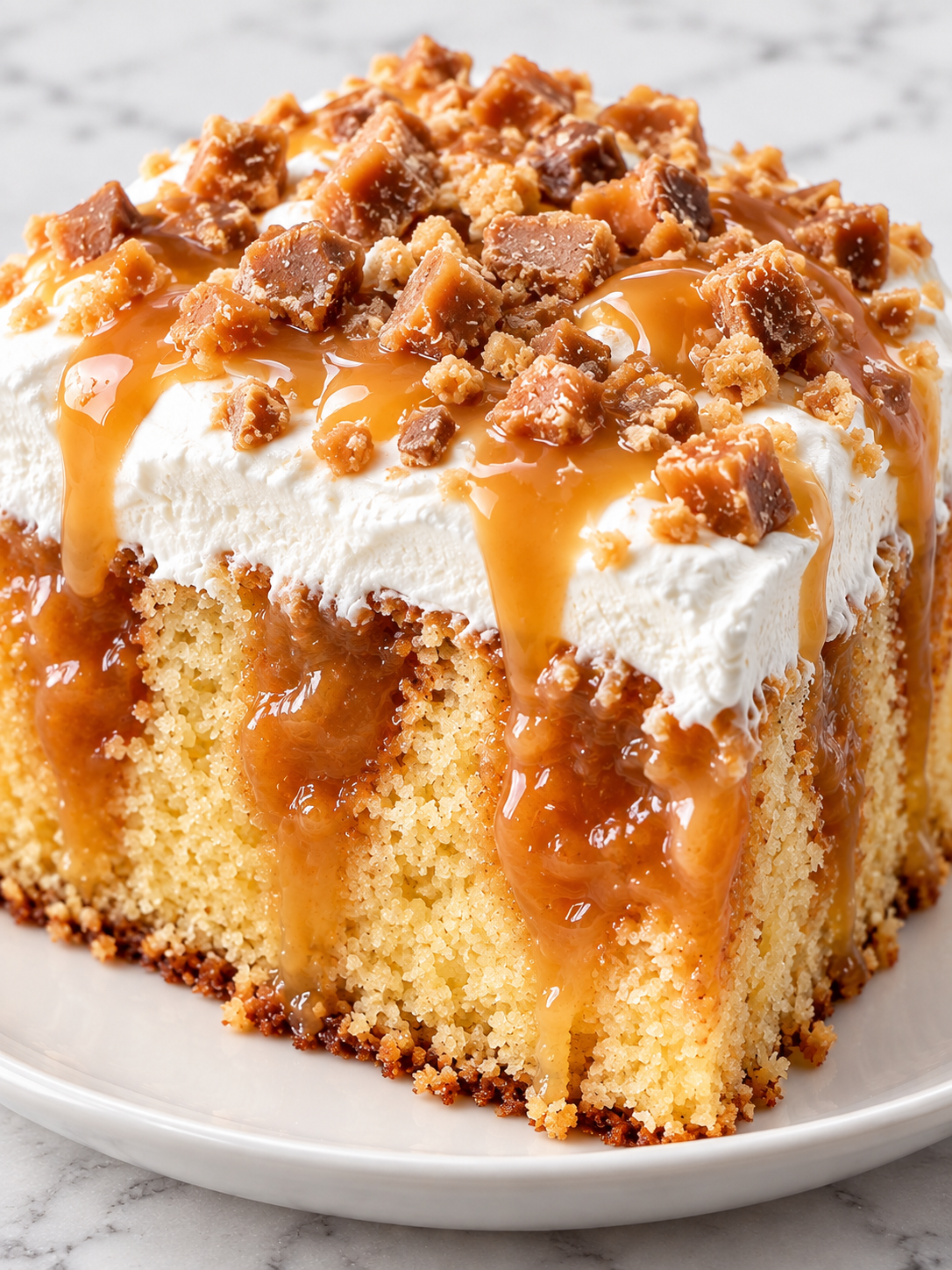 Toffee Butterscotch Poke Cake slice with golden drizzle and crunchy topping