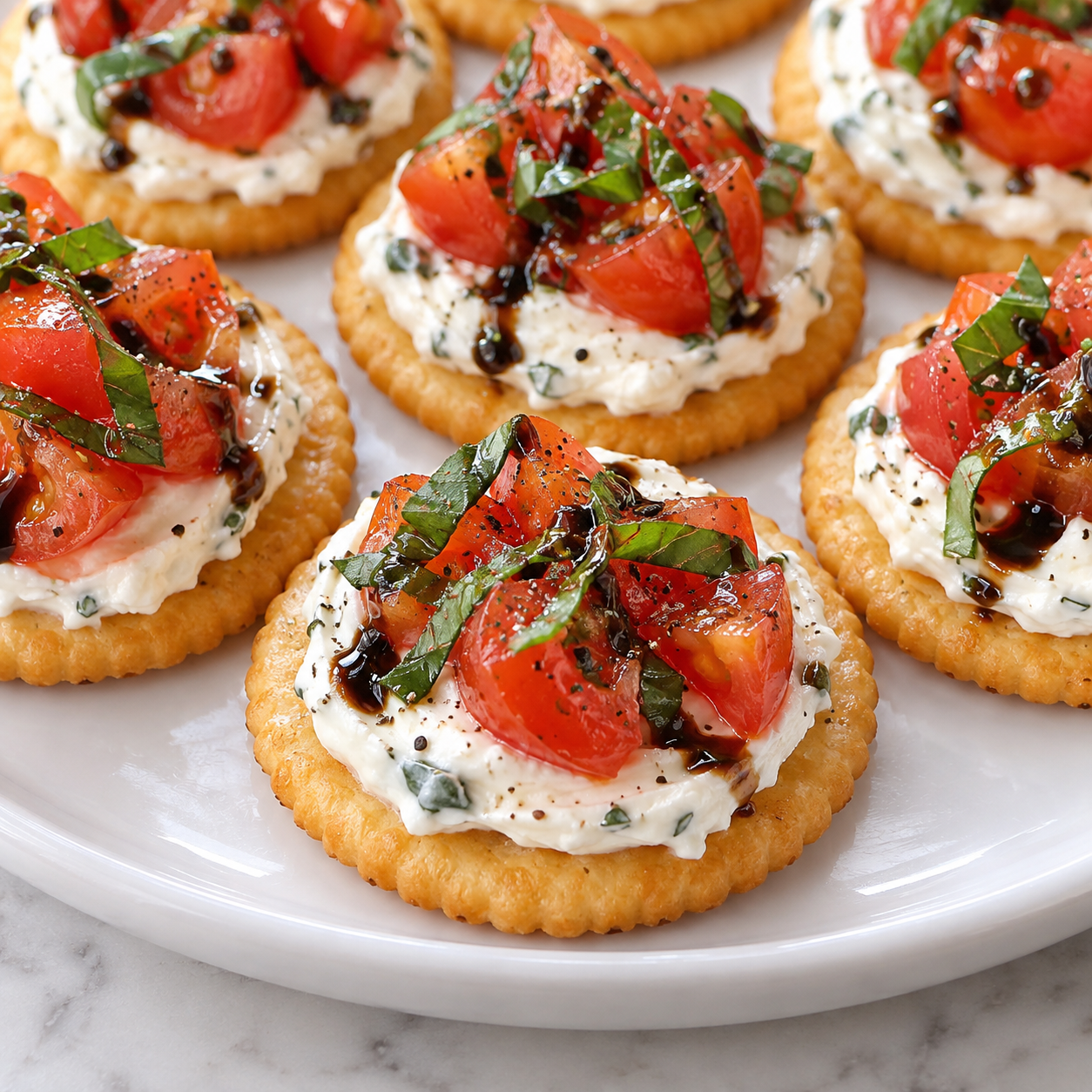 Tomato cream cheese cracker bites with basil and balsamic on a white platter