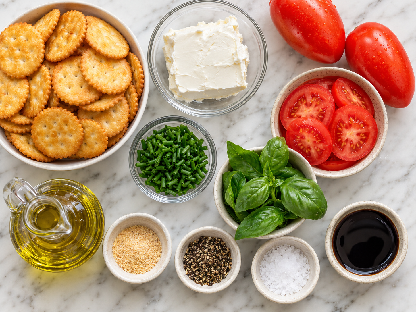Ingredients for tomato cream cheese cracker bites on a wooden counter