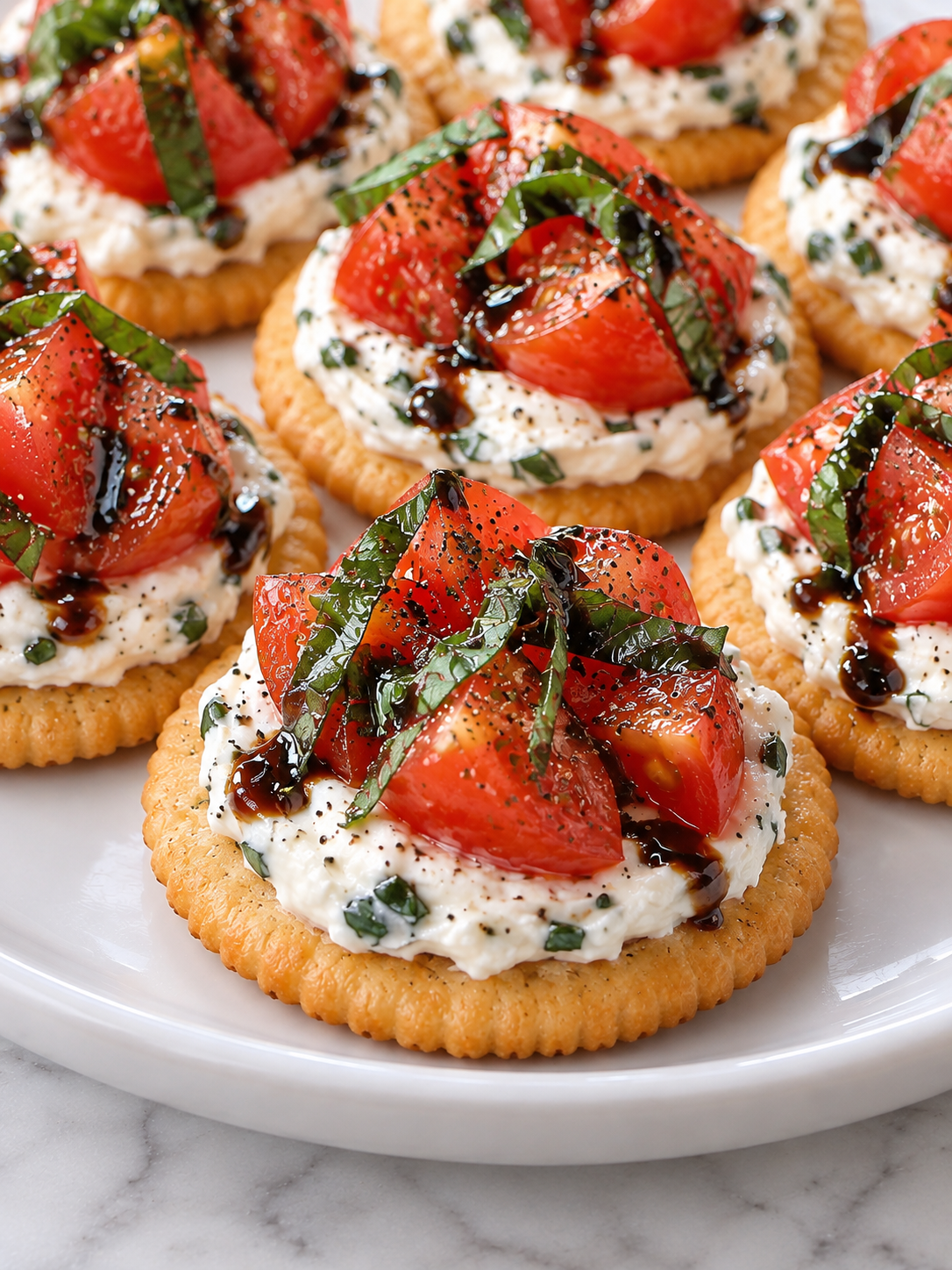 Tomato cream cheese cracker bites with basil and pepper filling the frame