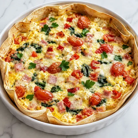 Tortilla egg cottage cheese breakfast bake with ham, tomatoes, and mozzarella