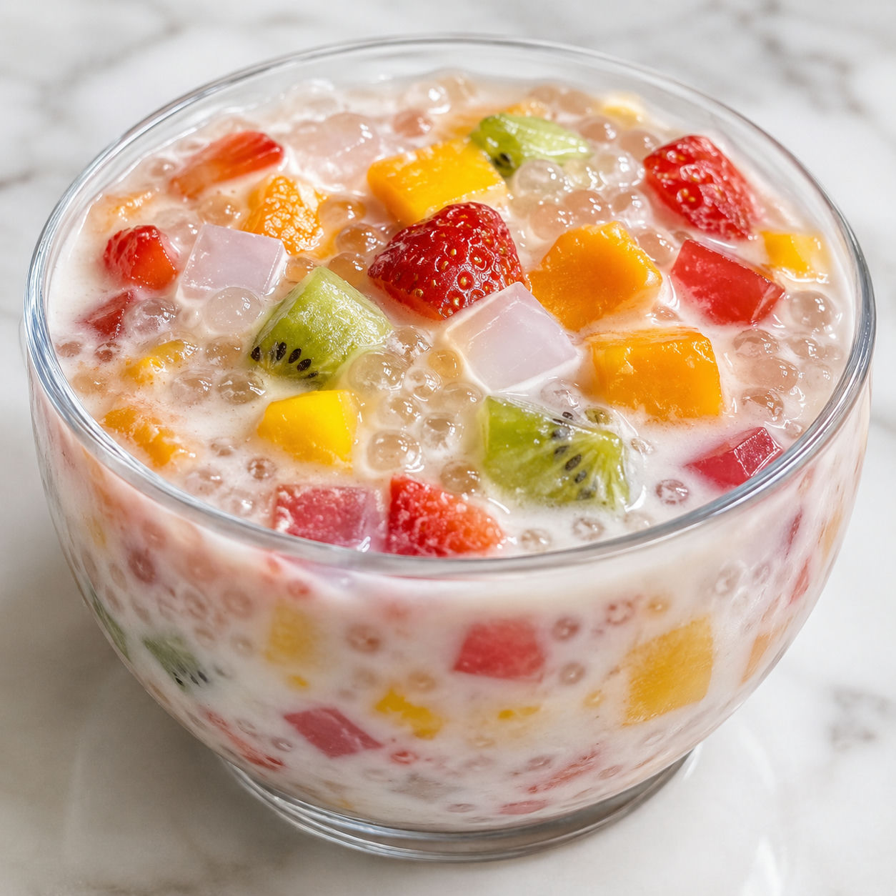 Tropical fruit sago with mango, strawberries, kiwi, and coconut milk