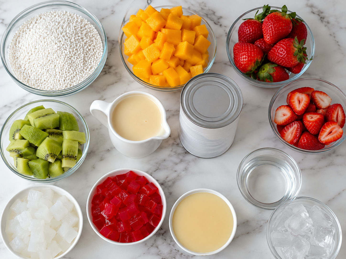 Ingredients for tropical fruit sago with fruit, pearls, and coconut milk