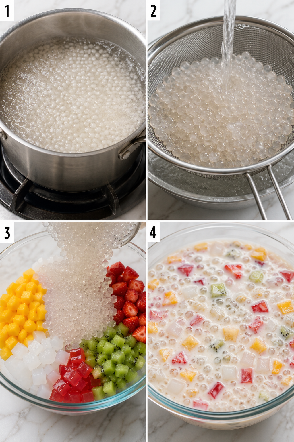 Four steps for making tropical fruit sago with pearls, fruit, and milk