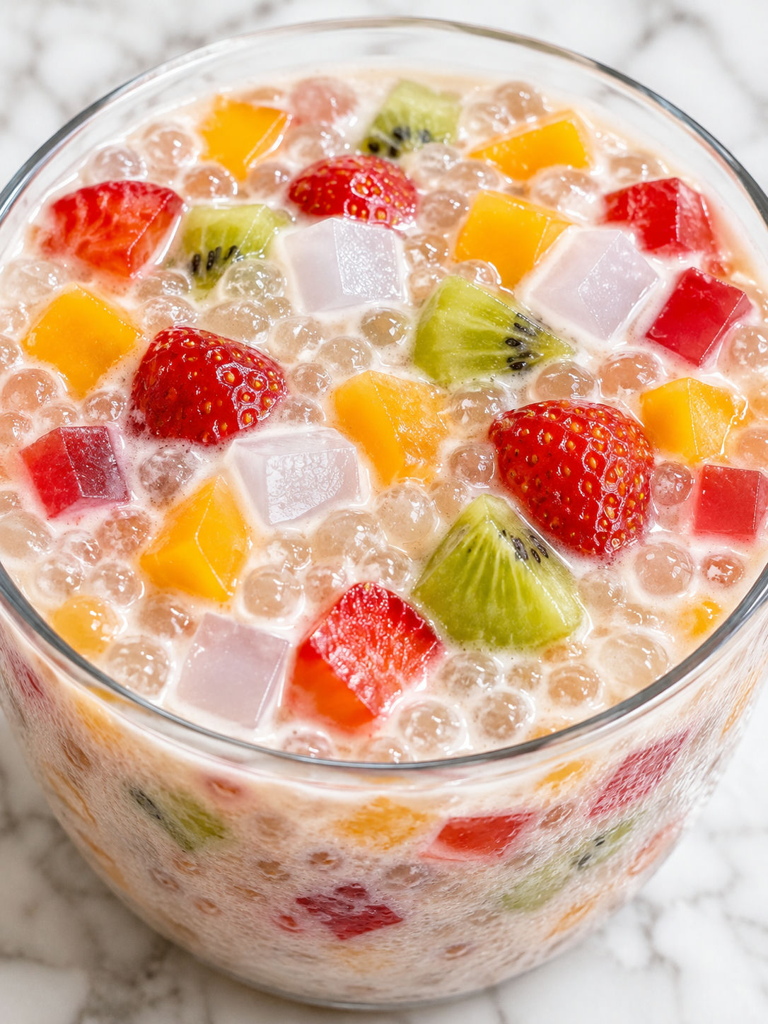 Creamy tropical fruit sago with mango, strawberries, kiwi, and nata de coco