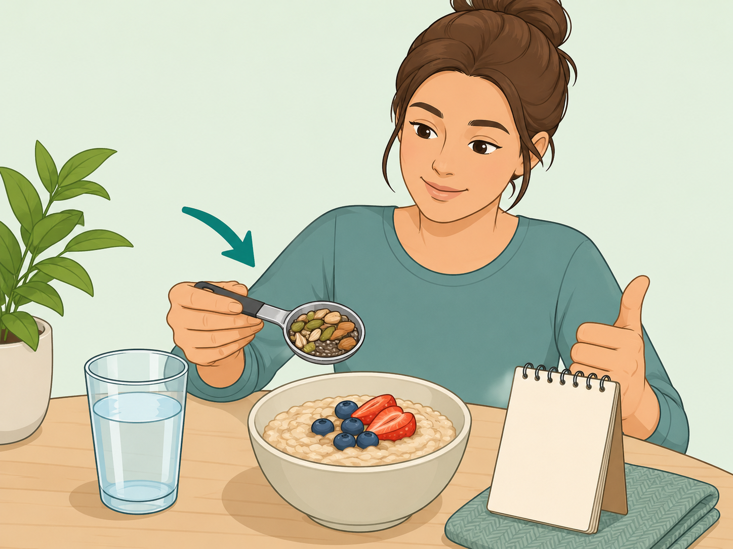 Illustration of a measured 2-tablespoon natural blend beside breakfast and water.