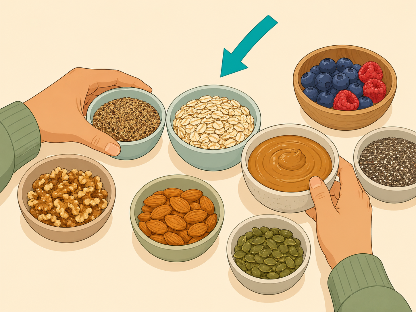 Hands choosing whole-food ingredients for a morning blend.