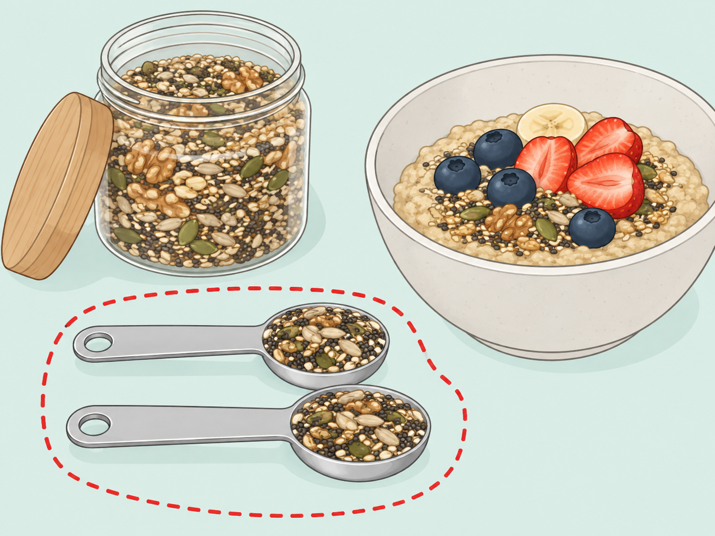 Two level tablespoons of a natural blend measured for breakfast.