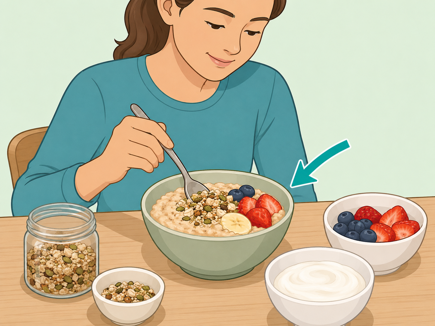 Person stirring a small natural blend into a balanced breakfast.
