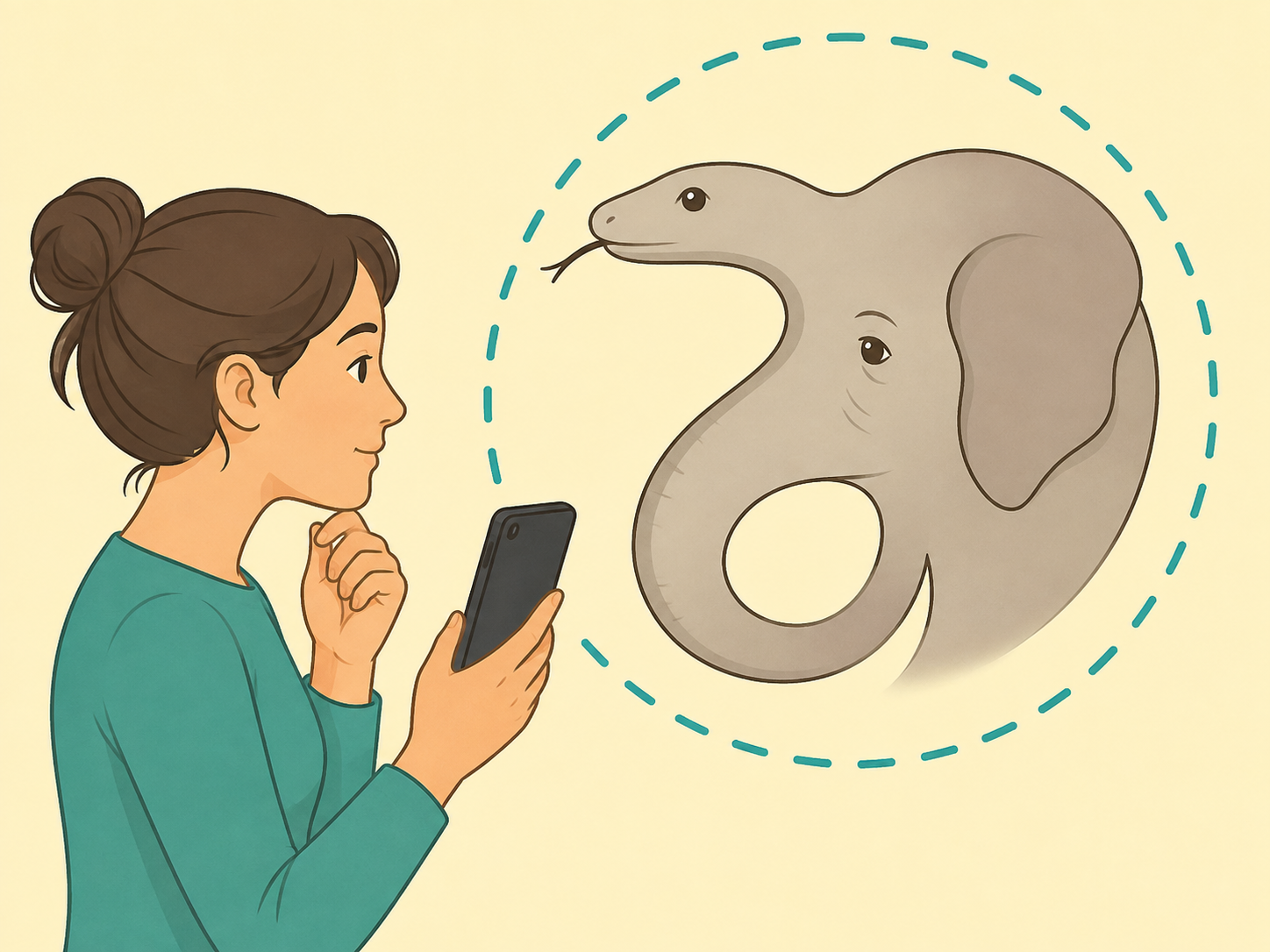 Person looking at a snake-or-elephant optical illusion on a phone.