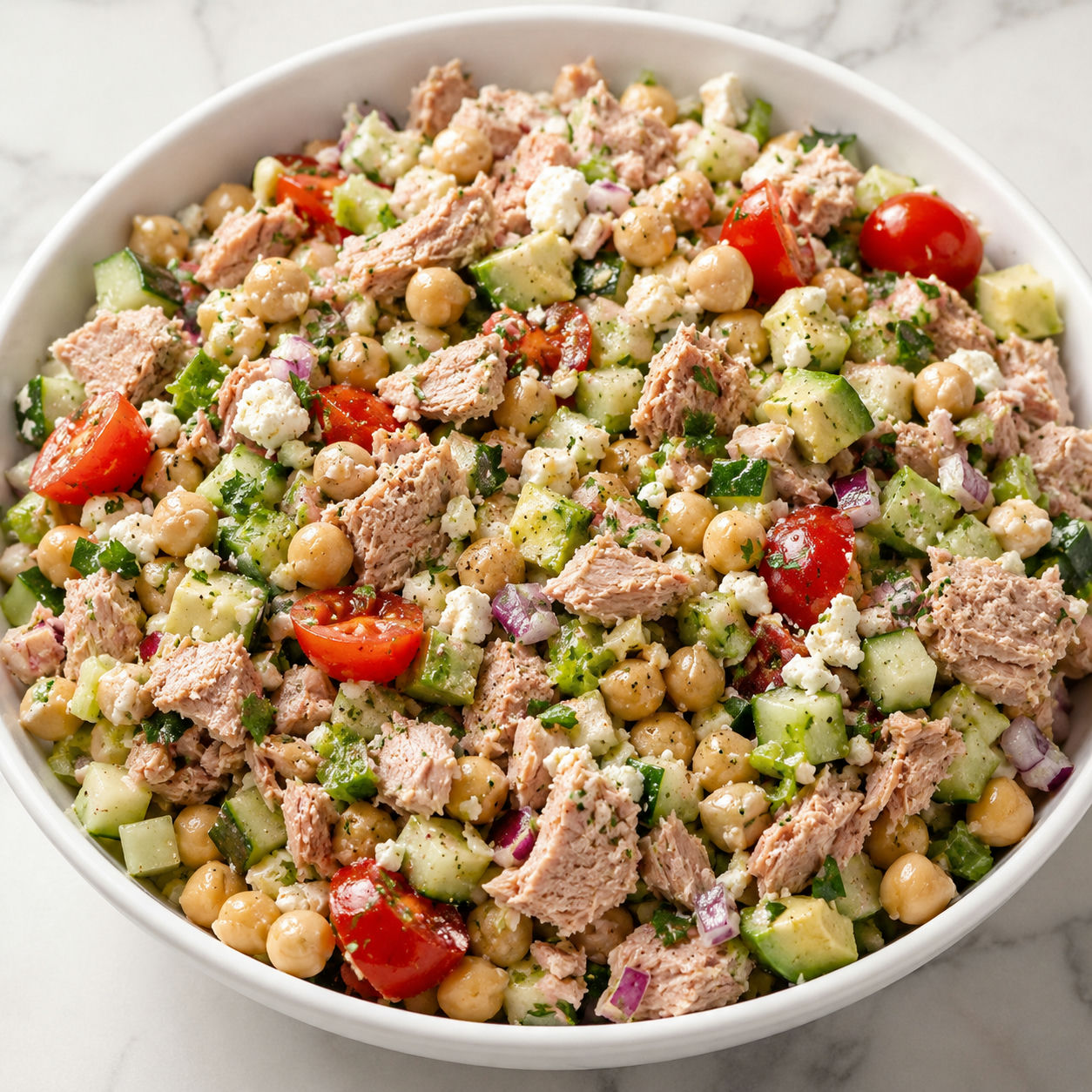 Tuna chickpea feta salad with cucumber, tomatoes, avocado, and parsley