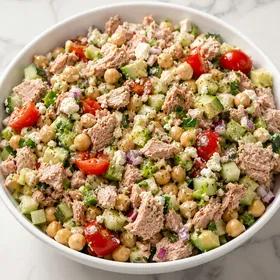 Tuna chickpea feta salad with cucumber, tomatoes, avocado, and parsley