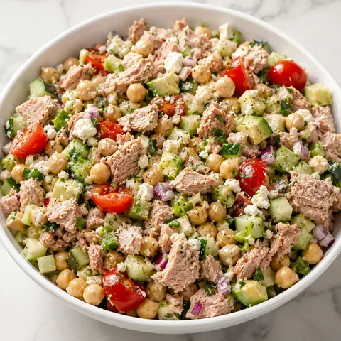 Tuna chickpea feta salad with cucumber, tomatoes, avocado, and parsley