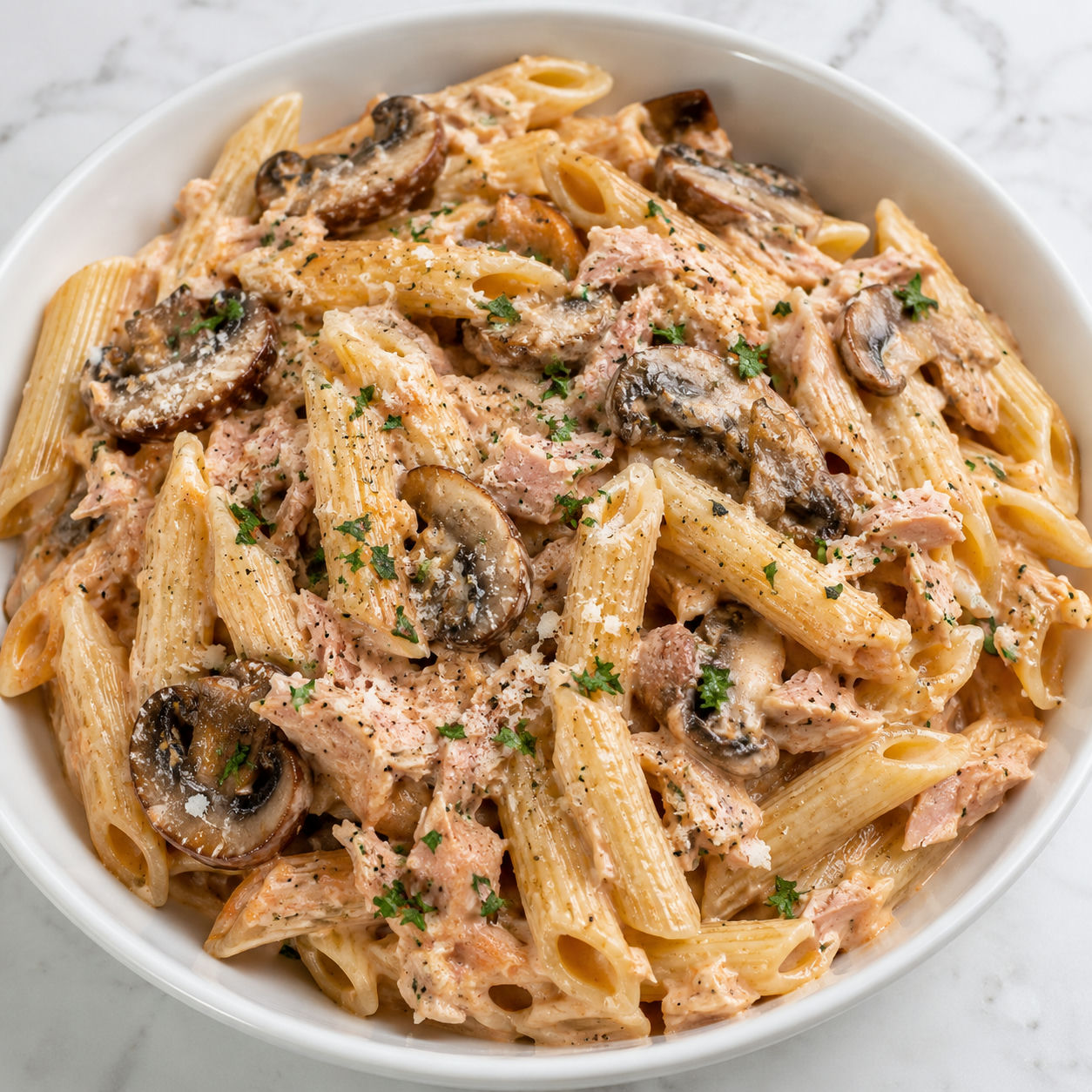 Creamy tuna mushroom pasta with parsley and Parmesan in a white bowl