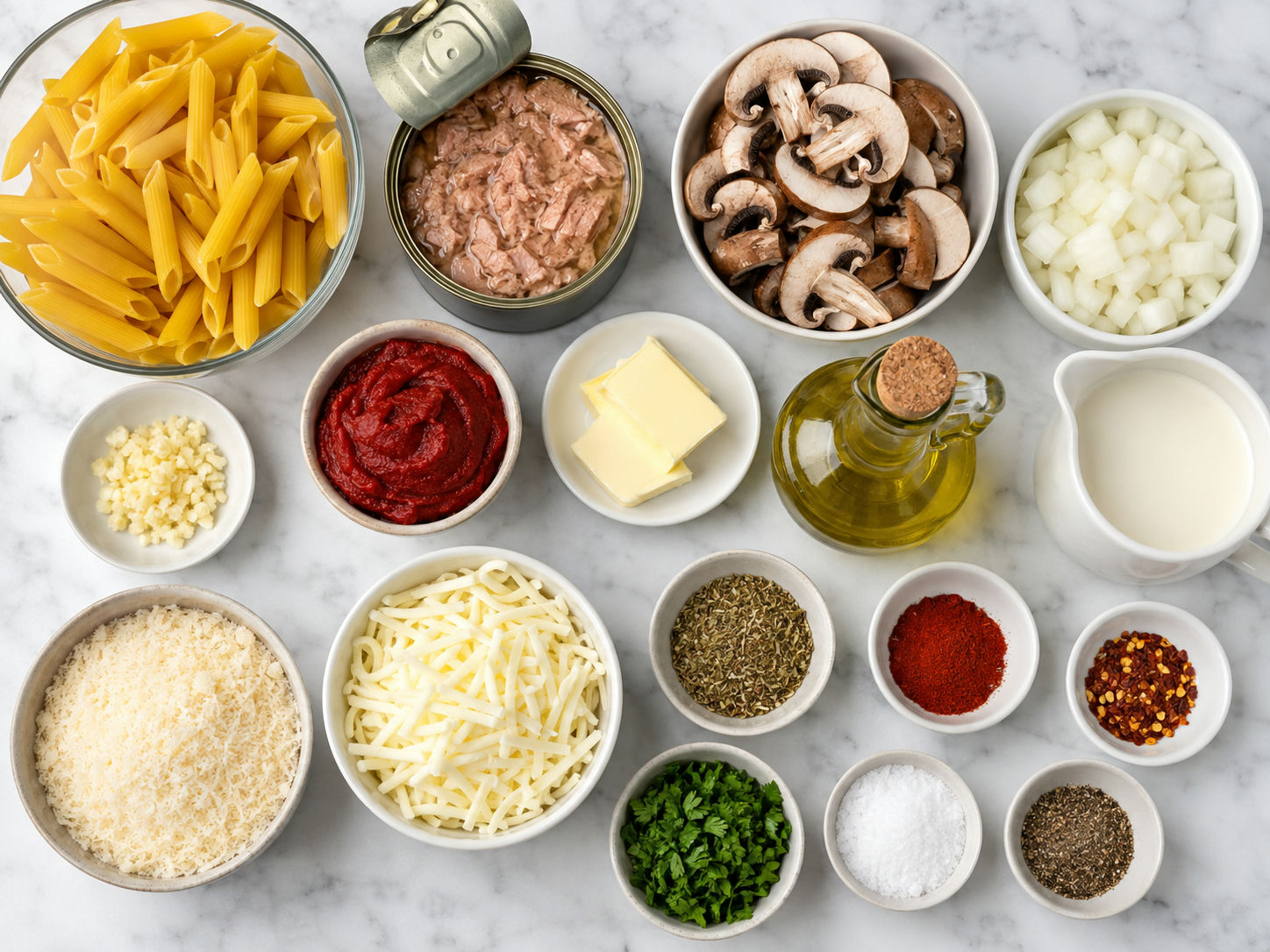 Ingredients for creamy tuna mushroom pasta on a wooden surface