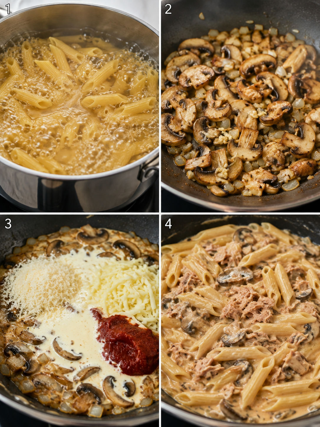Four cooking steps for creamy tuna mushroom pasta in a skillet