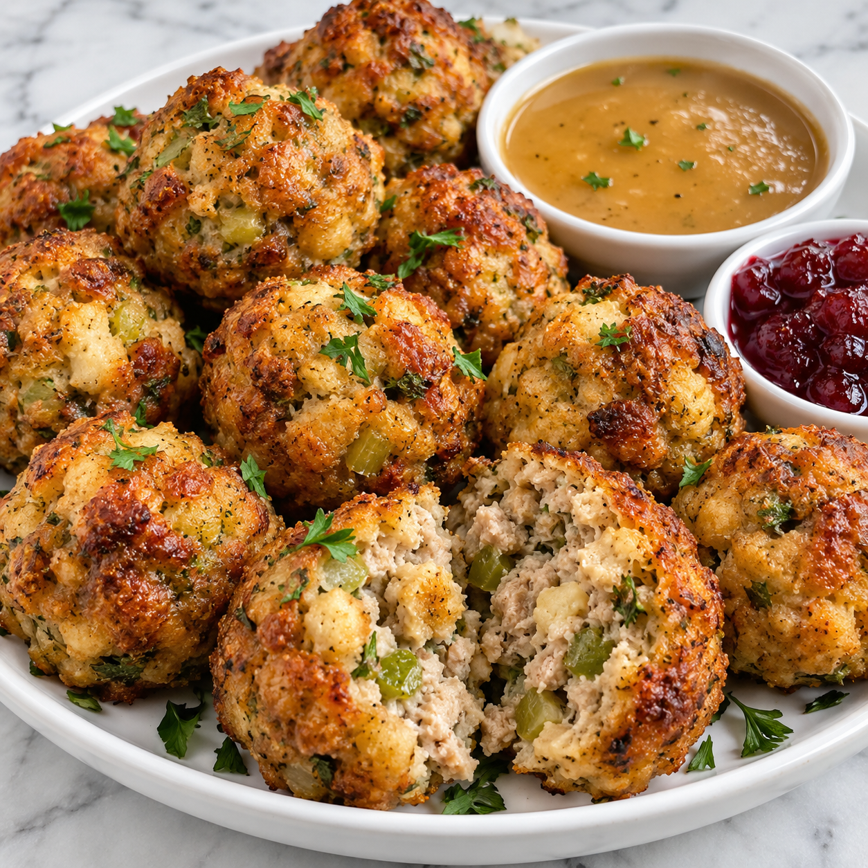 Turkey stuffing balls with gravy, cranberry sauce, and parsley