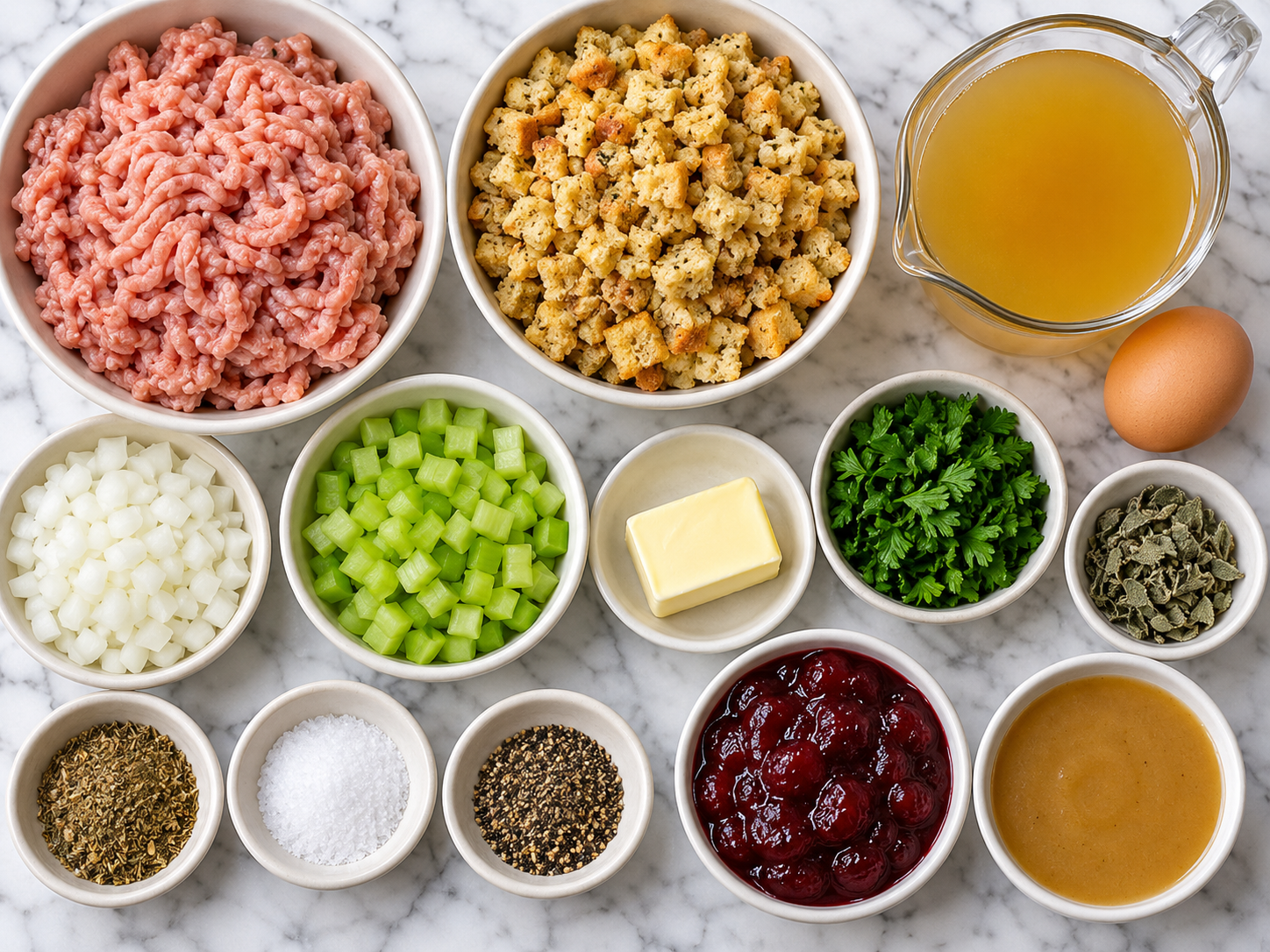 Ingredients for turkey stuffing balls with herbs, broth, and stuffing mix