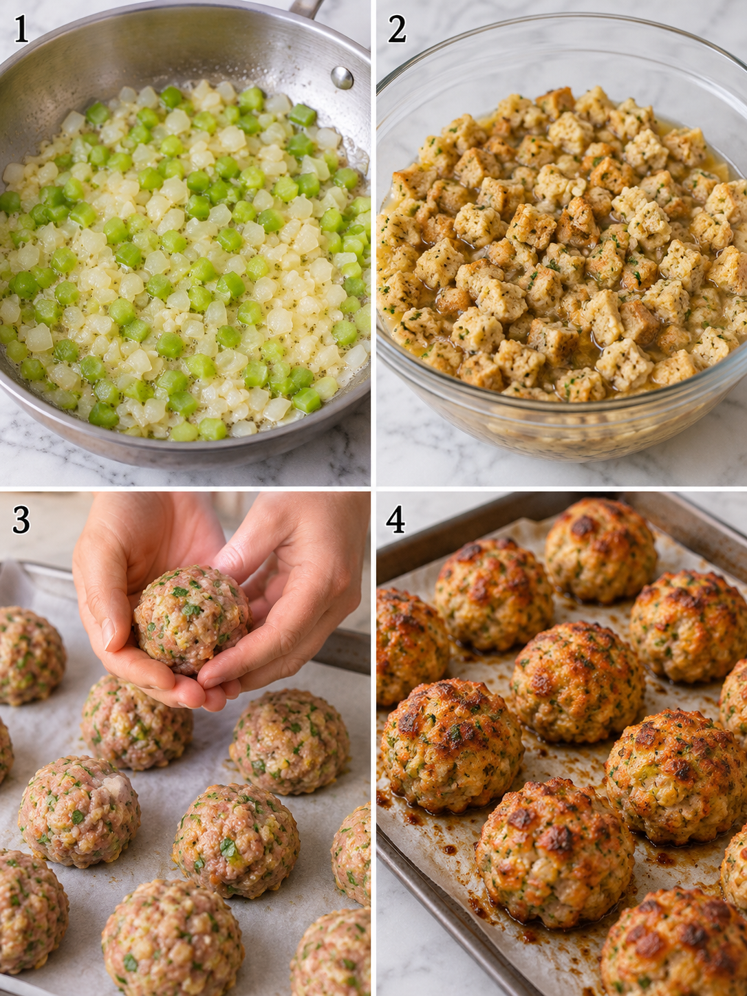 Steps for making turkey stuffing balls from sauteing to baking