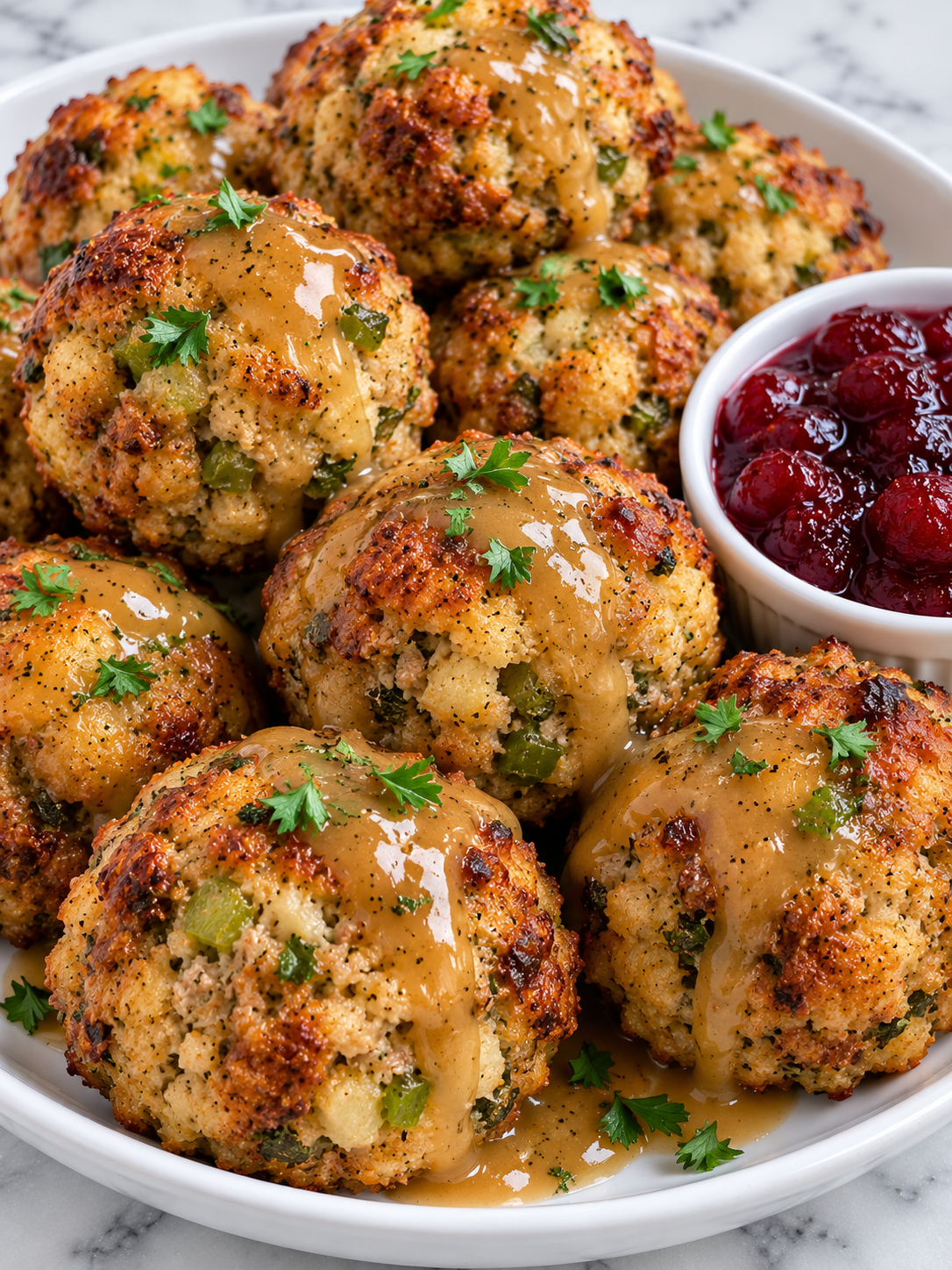 Golden turkey stuffing balls with gravy, cranberry sauce, and parsley