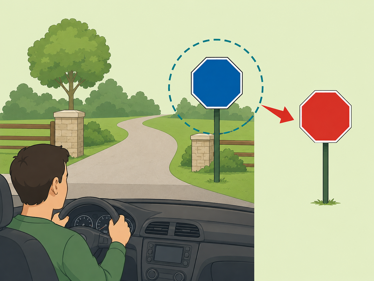 Illustration comparing a blue stop-shaped sign with a standard red stop-shaped sign.