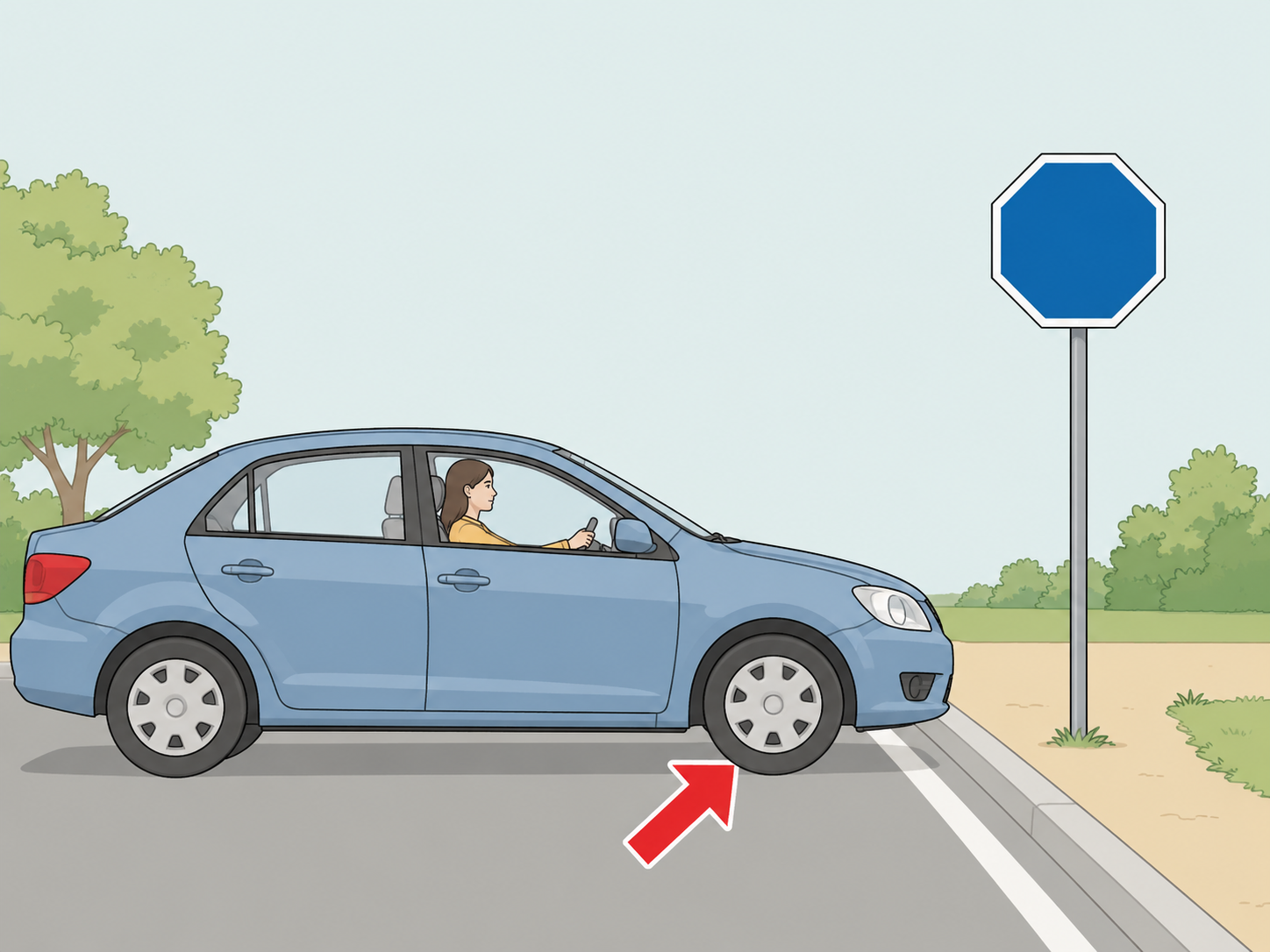 Car stopping safely before a blue stop-shaped sign.