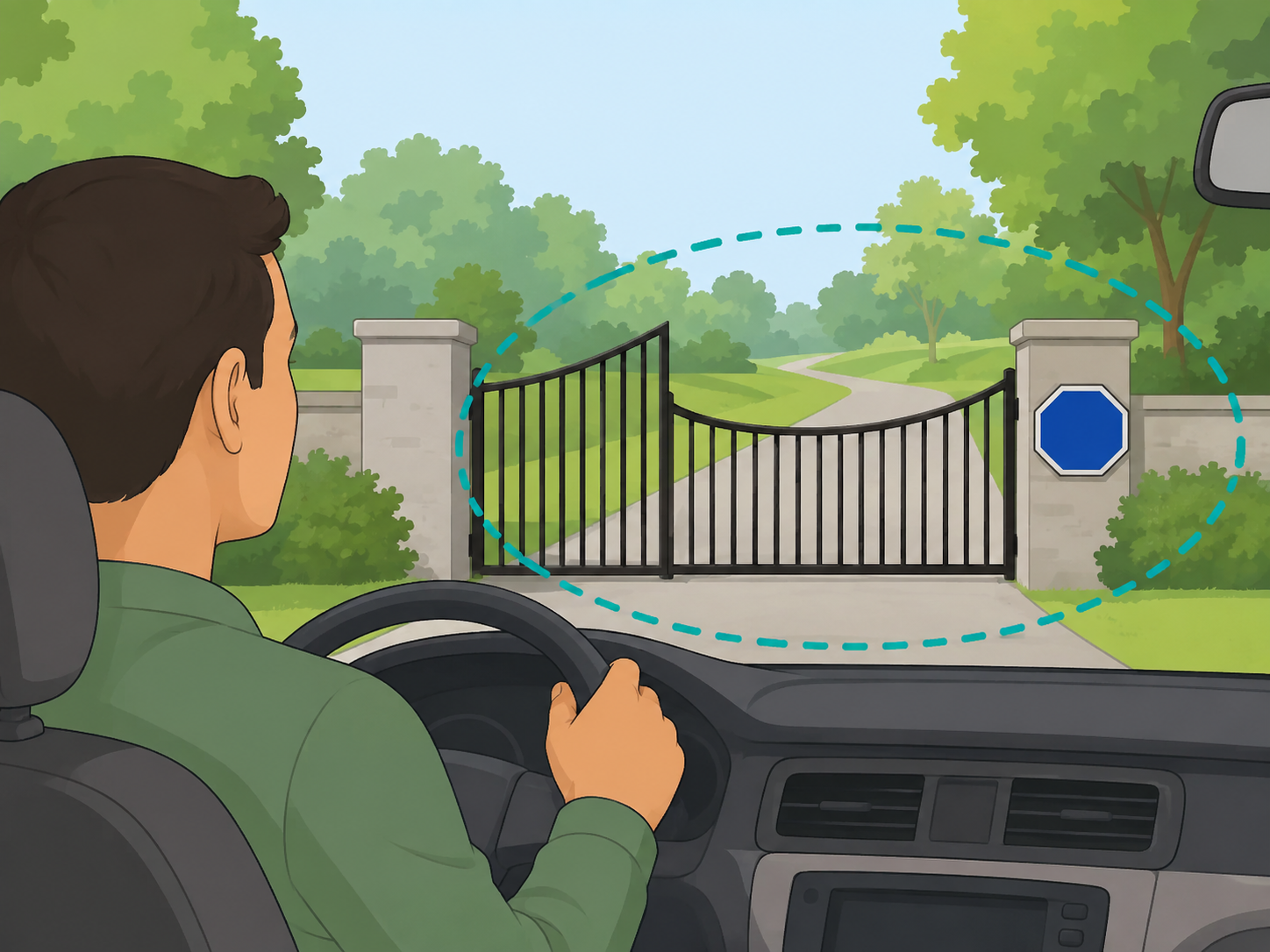 Driver checking whether a blue stop-shaped sign is on private property.