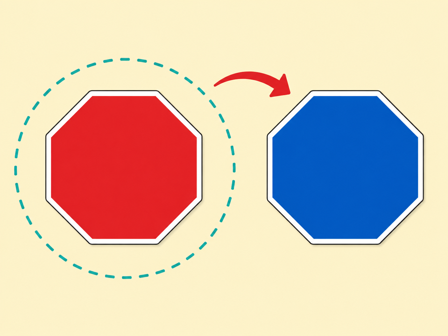 Comparison of a standard red stop-shaped sign and a blue stop-shaped sign.