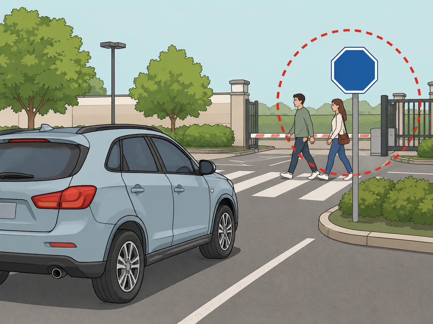 Car taking a blue private-property stop-shaped sign seriously near pedestrians.