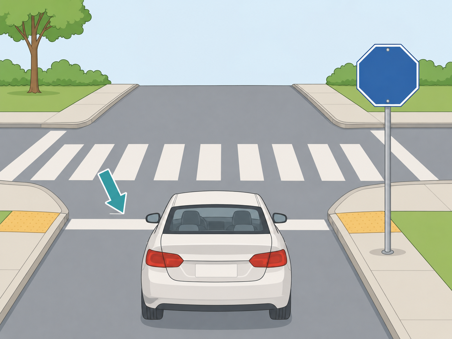 Car stopping at the correct place near a blue stop-shaped sign.