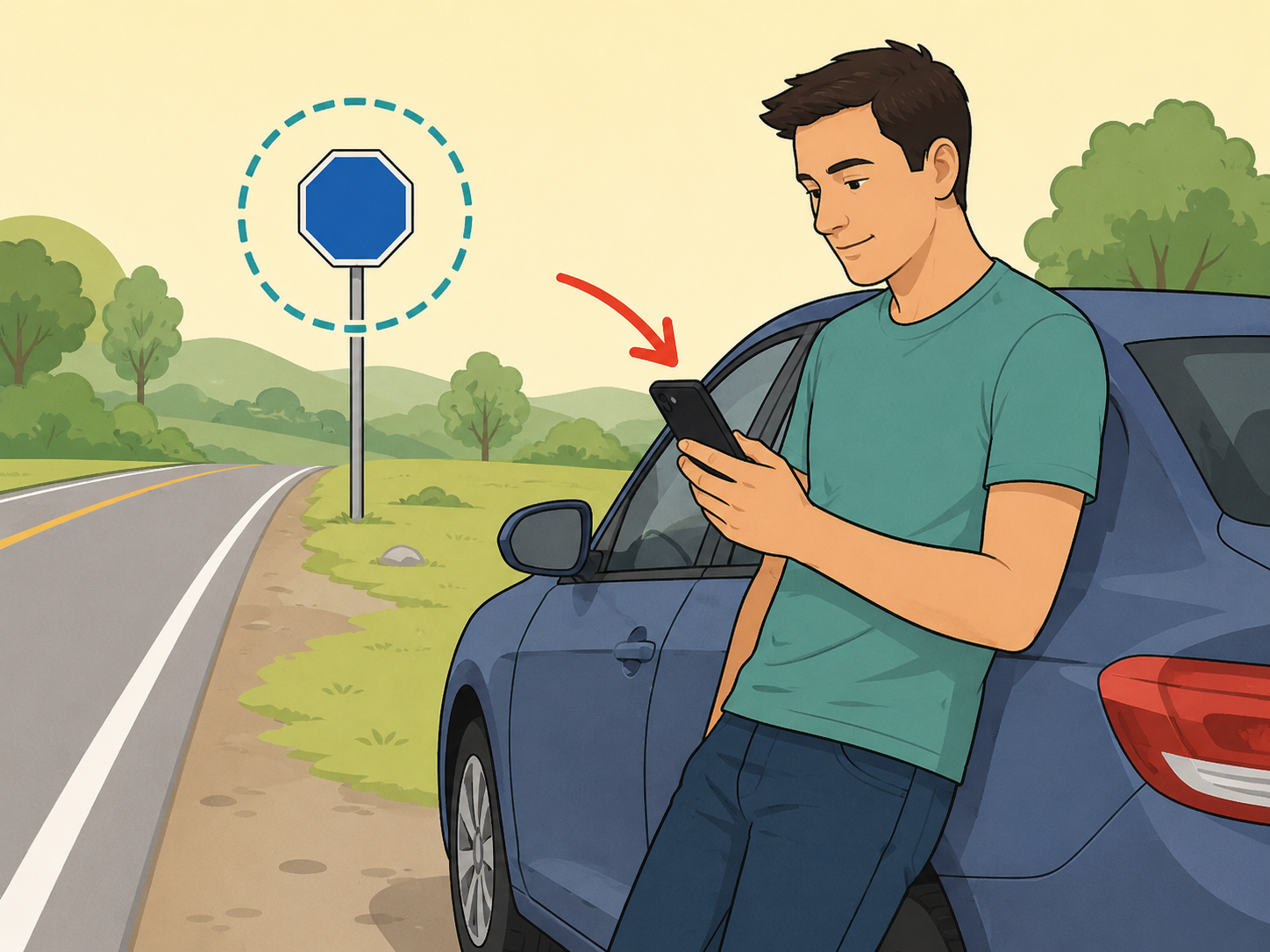 Driver preparing to report a confusing blue stop-shaped sign from a safe place.
