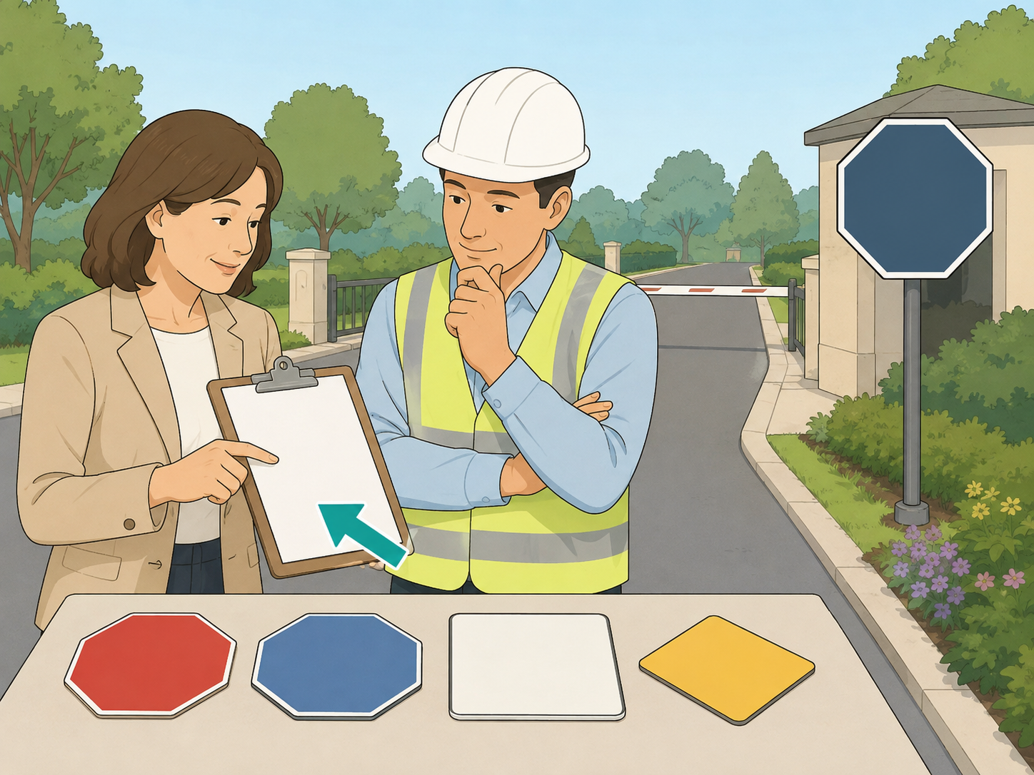 Property manager checking rules before installing a stop-shaped sign.