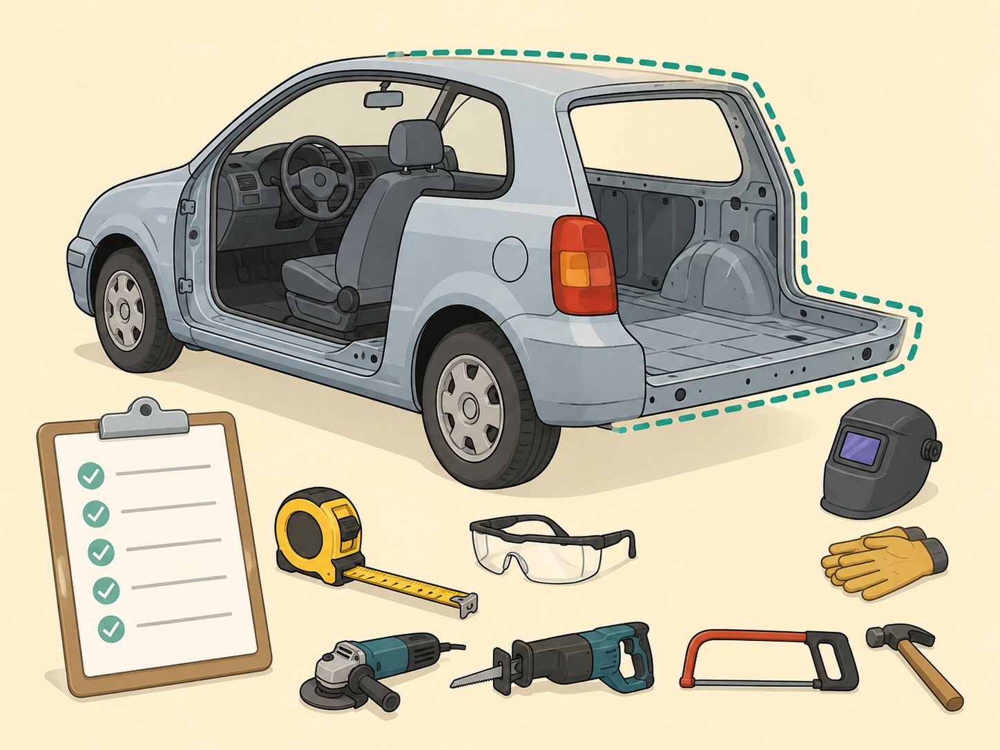 Illustration of a shortened hatchback car shell being evaluated with tools and a checklist.