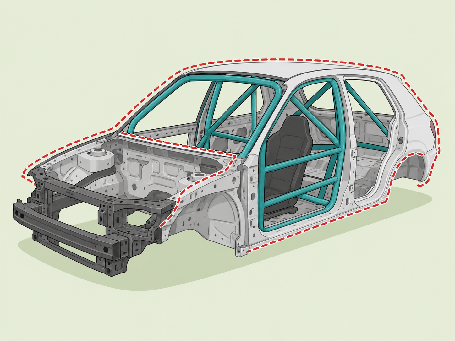 Car structure highlighted to show why major body cuts affect safety.