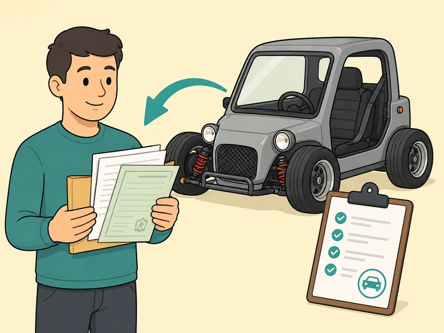 Person checking registration and inspection paperwork for a custom vehicle.