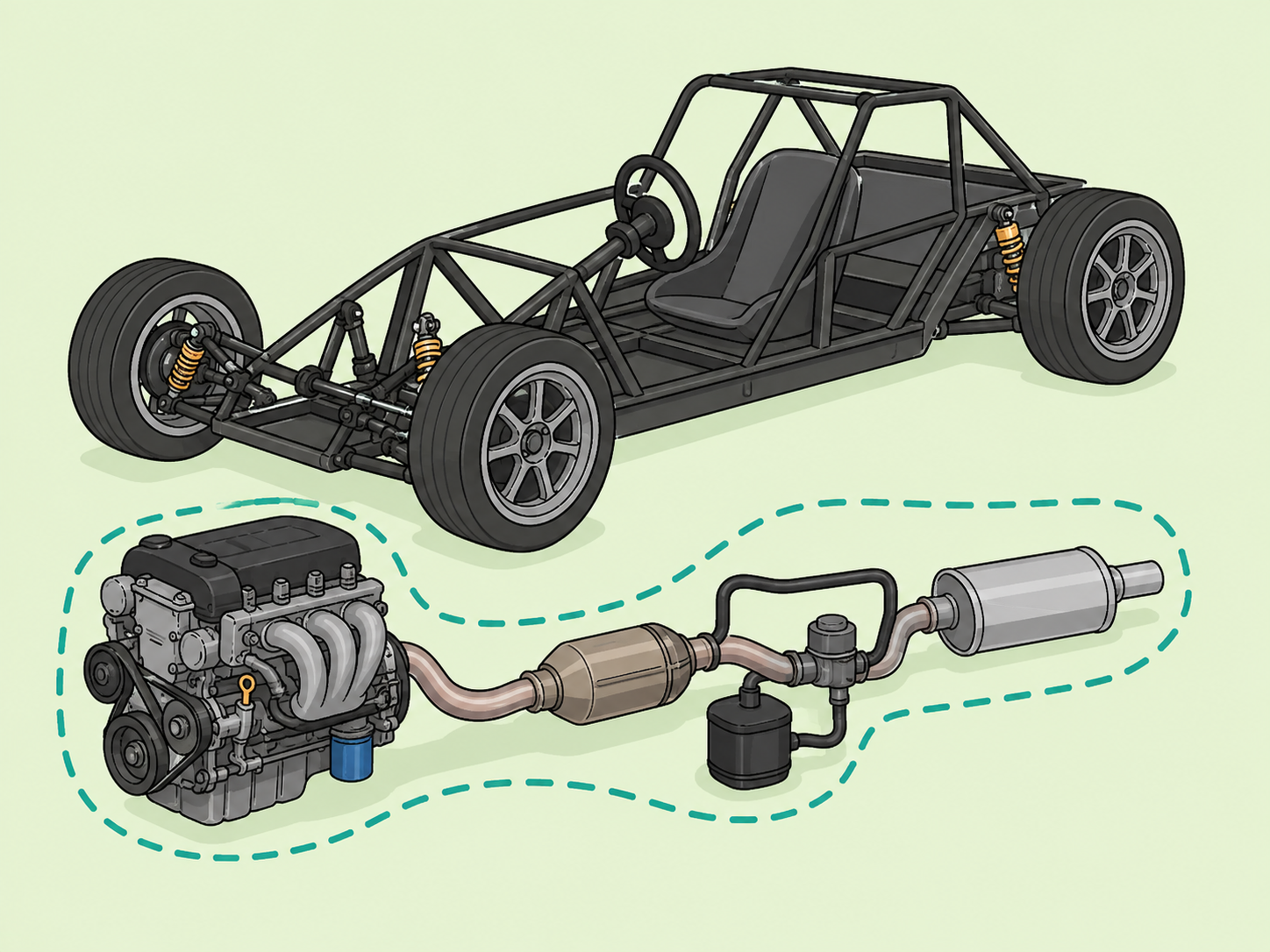 Engine and emissions parts highlighted during a custom car project review.