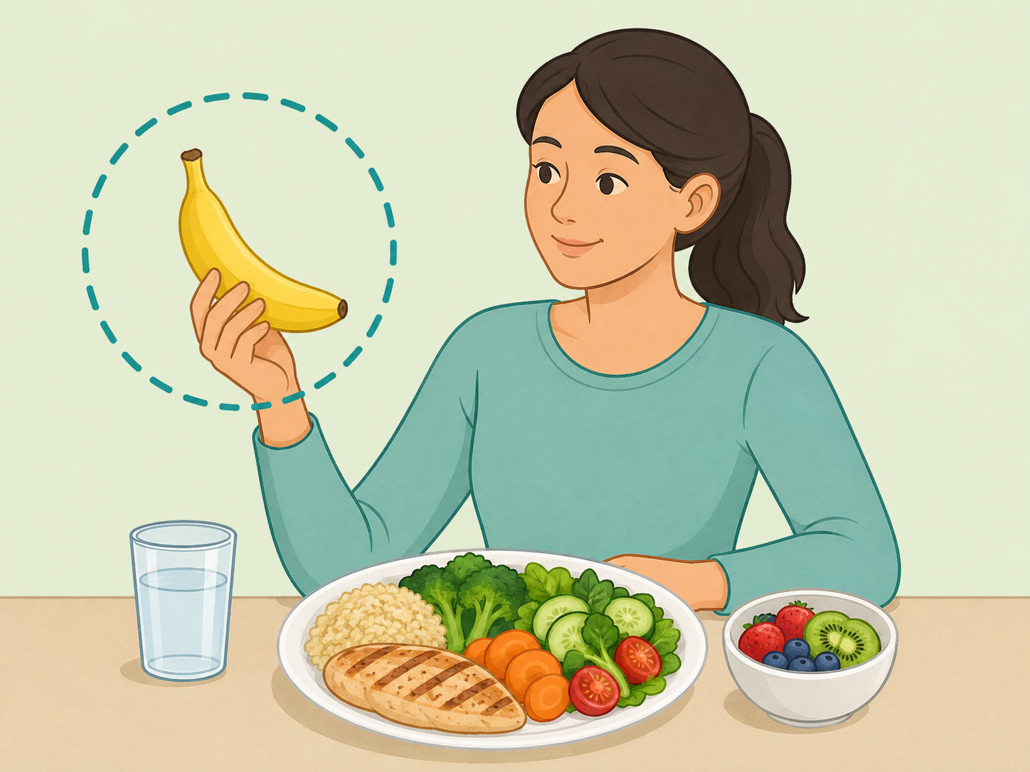 Person viewing a banana as one part of a balanced evening meal.