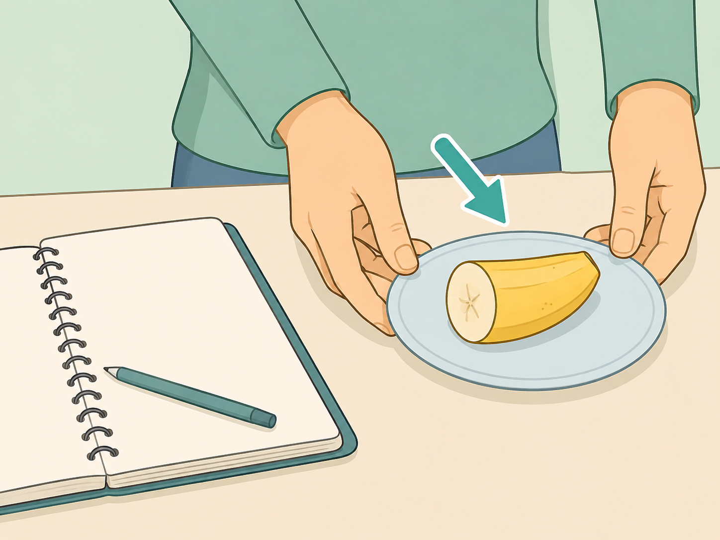 Hands choosing a smaller banana portion for an evening snack.